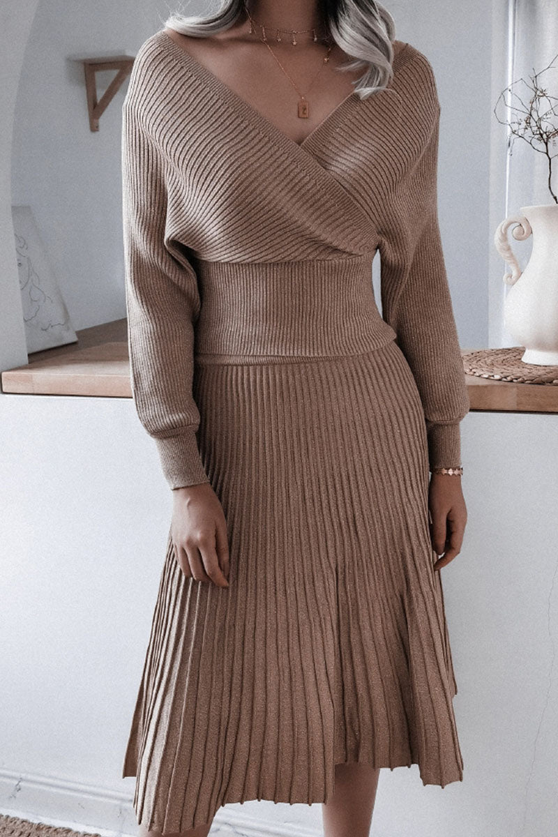 Fashion Casual Fold V Neck Long Sleeve Two Pieces(3 Colors)