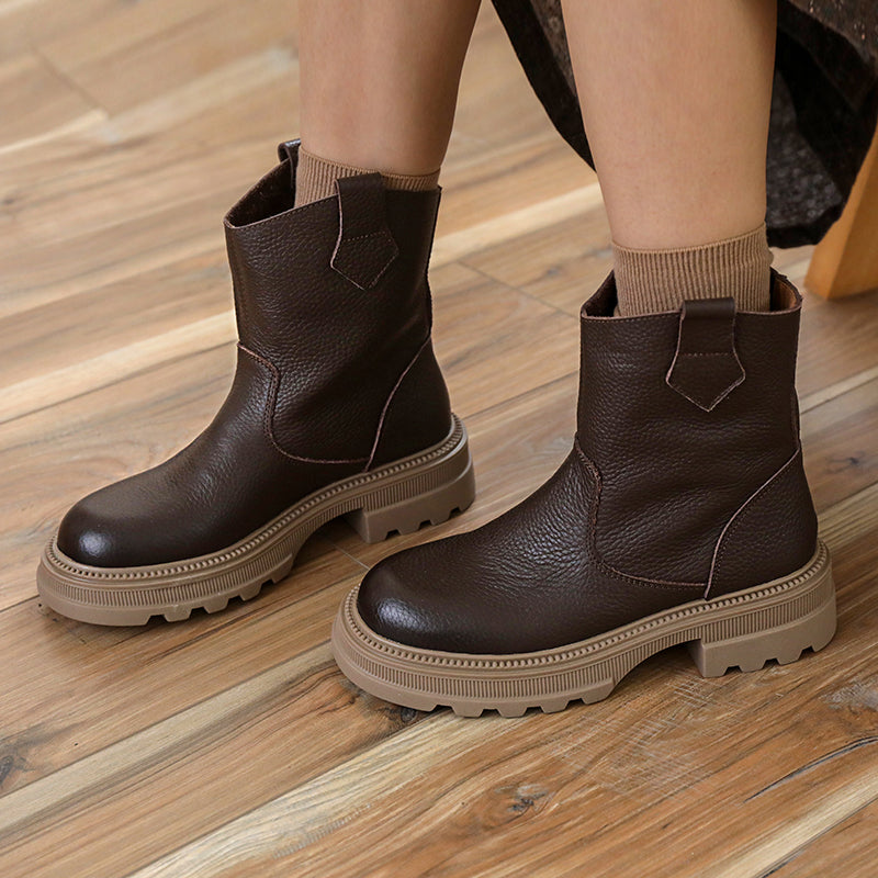 Cowhide Boots Women Comfy Zip Walking Boots Brown/Black/Coffee