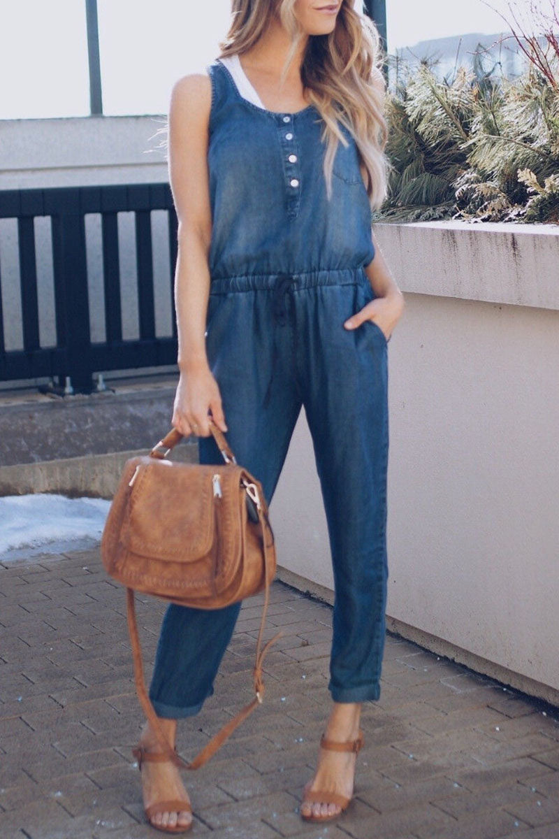 Fashion Casual Solid Patchwork O Neck Loose Jumpsuits