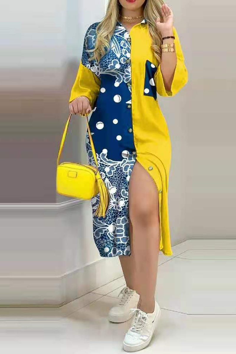 Fashion Street Print Buckle Contrast Shirt Dress Dresses