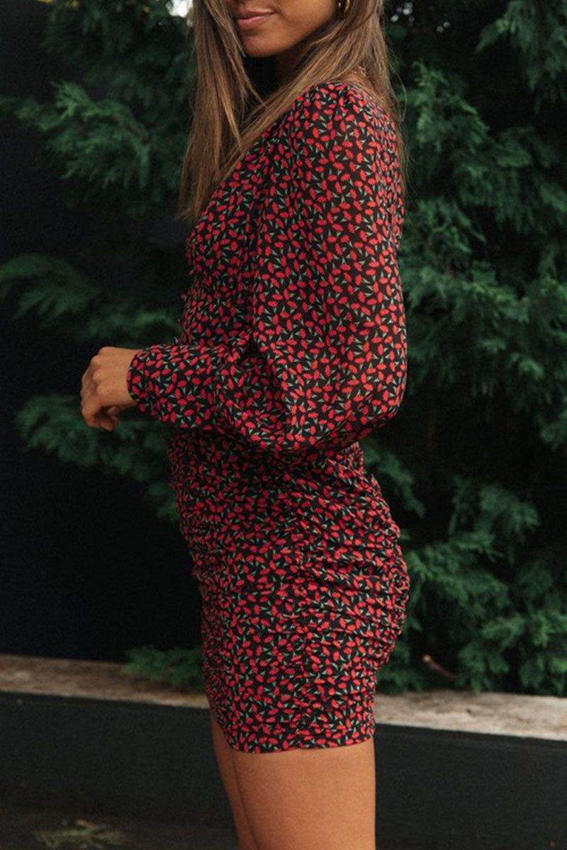 Fashion Street Print Split Joint V Neck Pleated Dresses(3 colors)