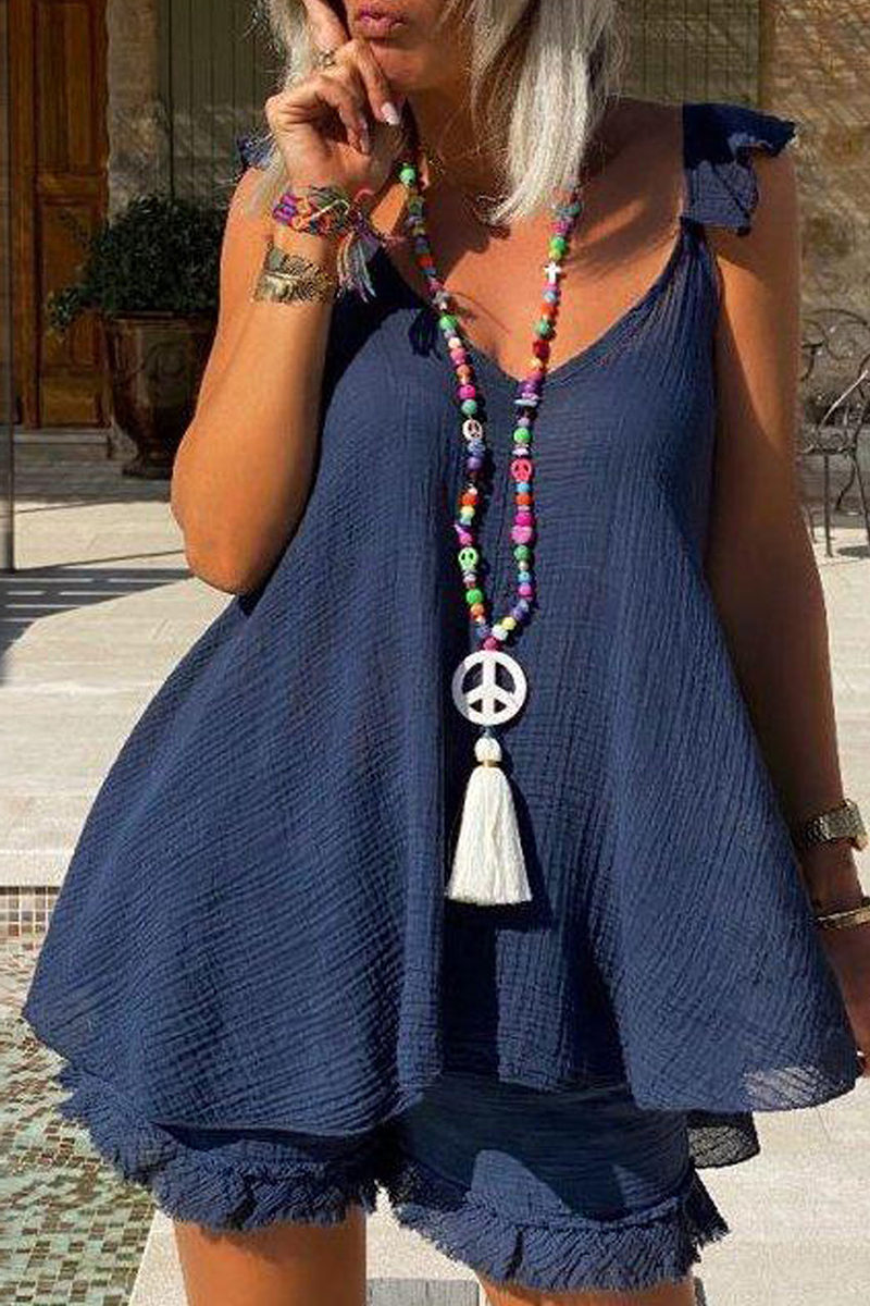 Casual Solid Tassel Patchwork V Neck Sleeveless Two Pieces