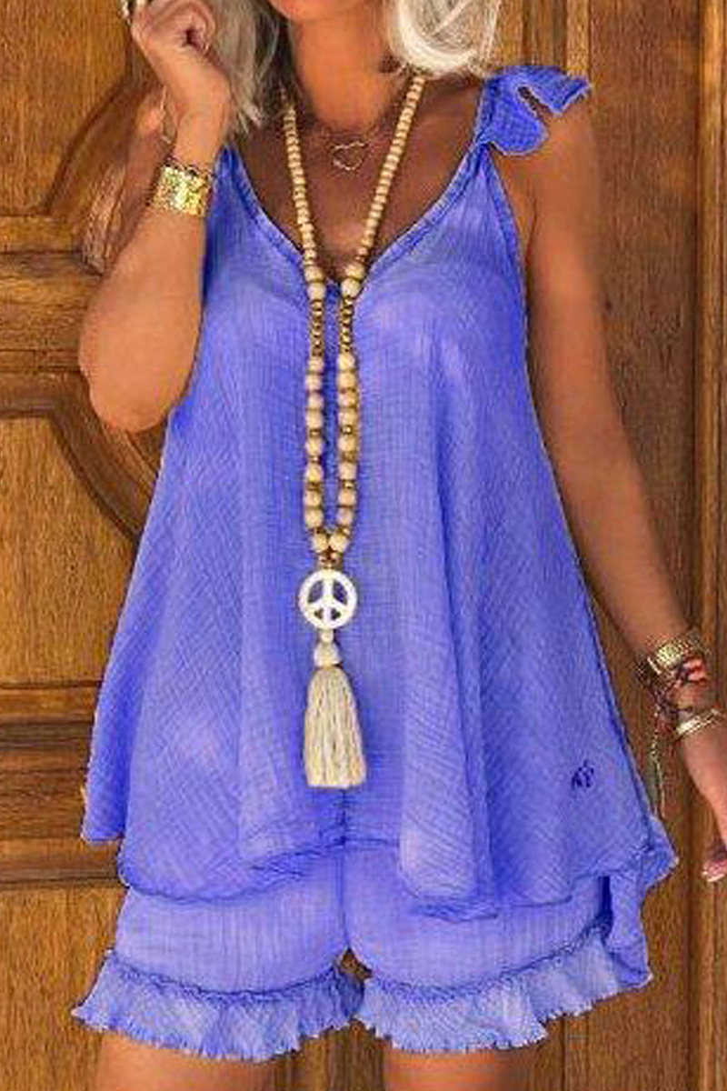 Casual Solid Tassel Patchwork V Neck Sleeveless Two Pieces