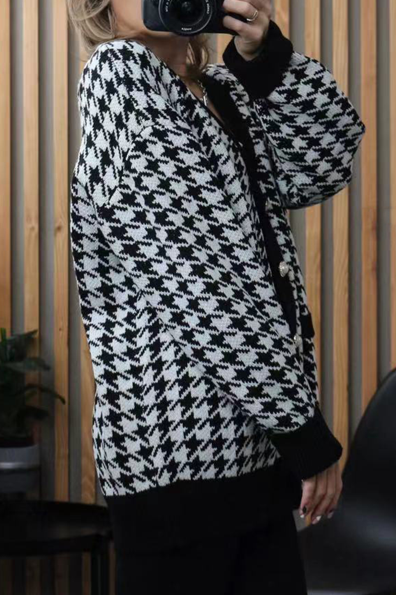 Elegant Plaid Split Joint Buckle V Neck Tops