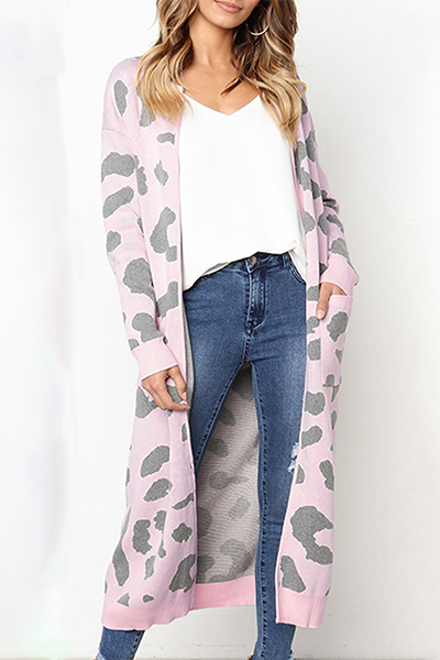 Casual Print Pocket Contrast Tops Sweater