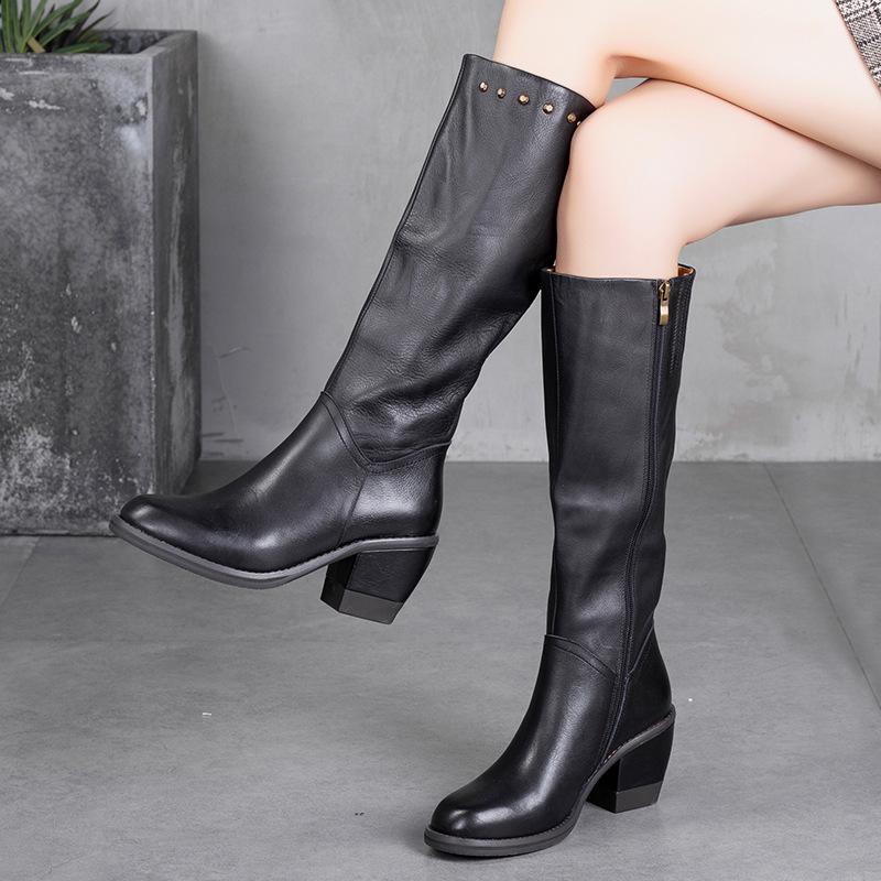 Handmade Leather Knee High Boots Block Heel Biker Boots Retro Rivet