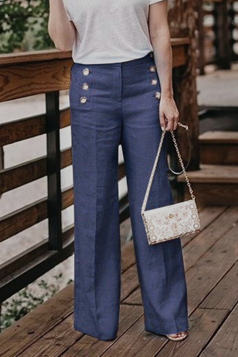 Casual Solid Buckle Straight High Waist Wide Leg Solid Color Bottoms(5 Colors)