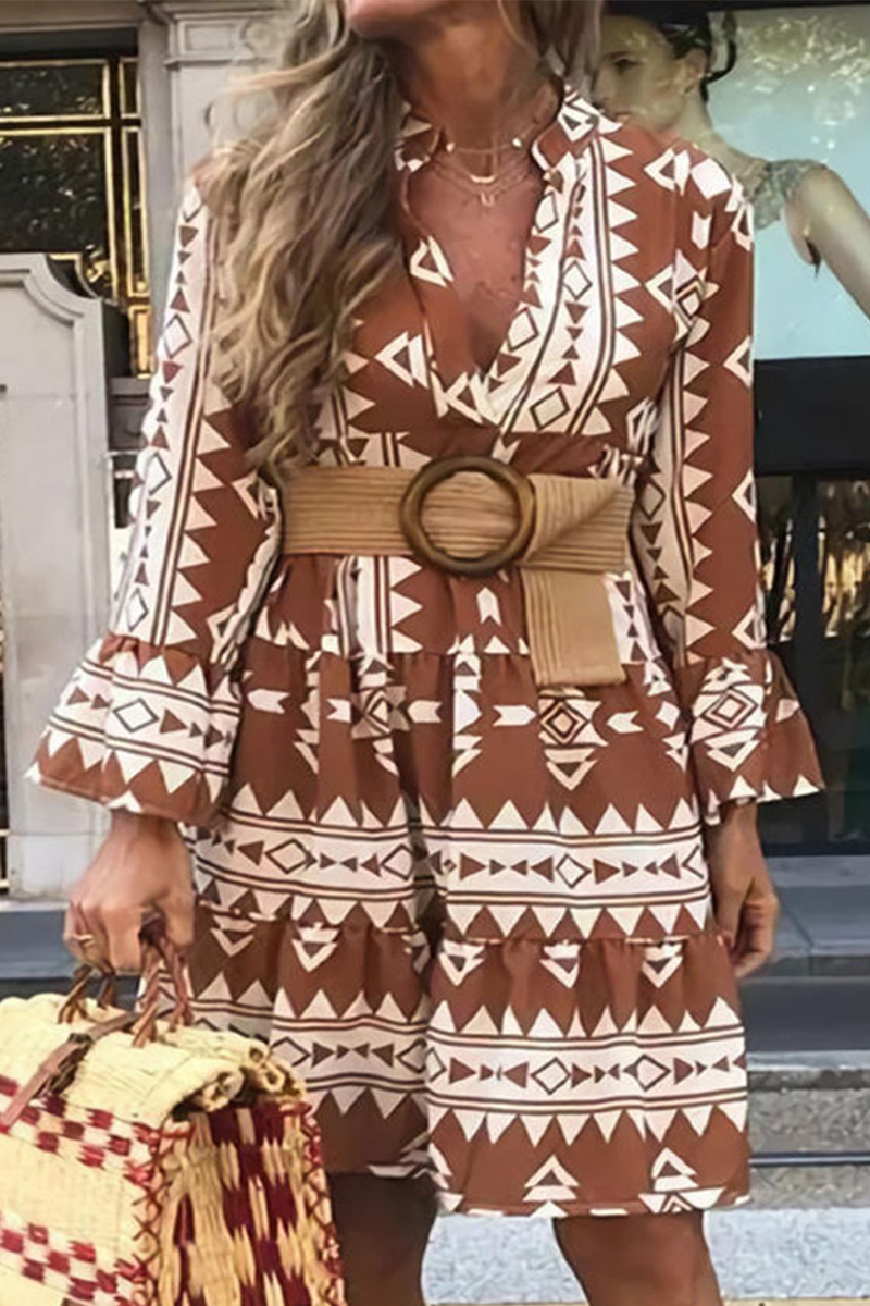 Fashion Print Patchwork Turndown Collar Cake Skirt Dresses