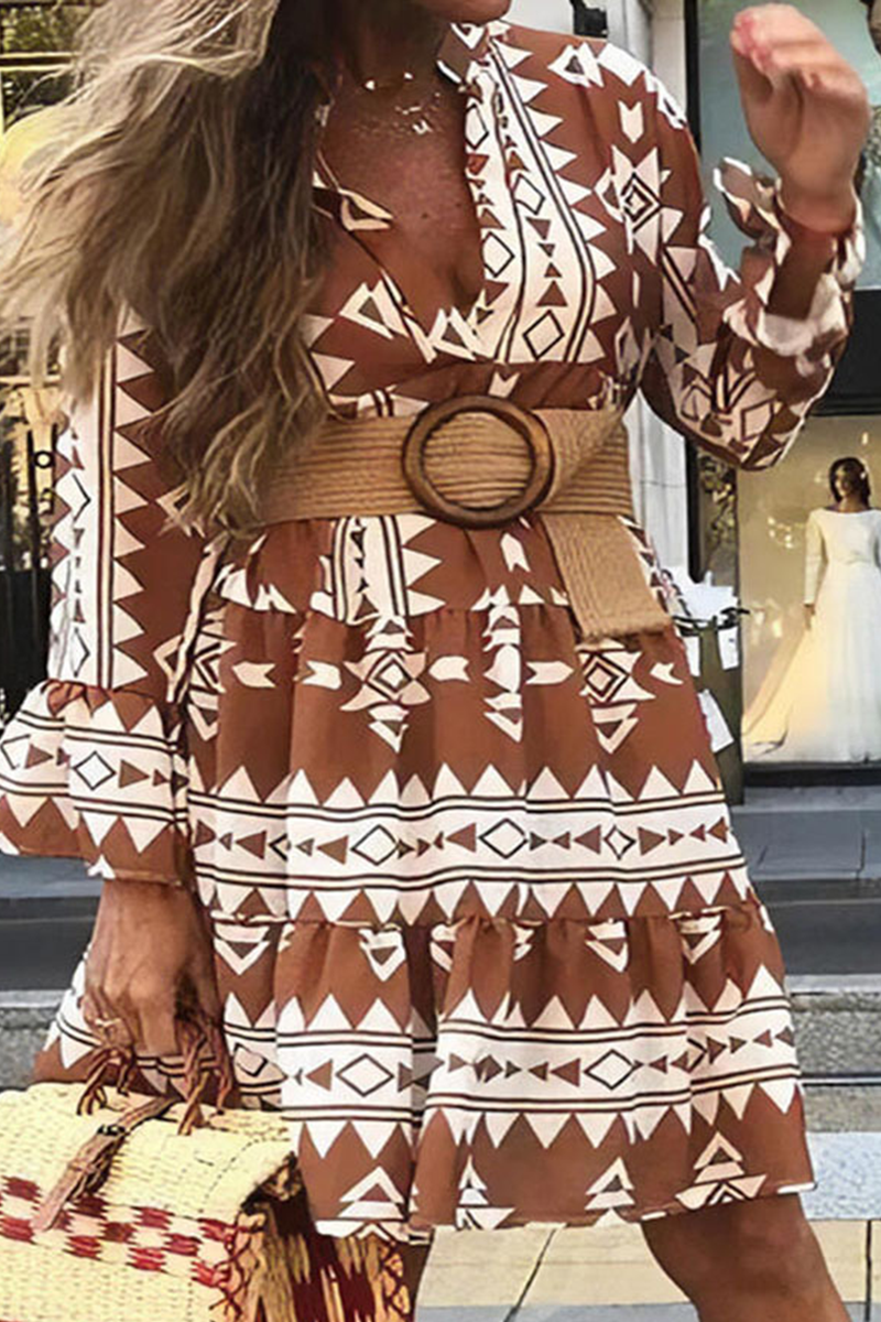 Fashion Print Patchwork Turndown Collar Cake Skirt Dresses