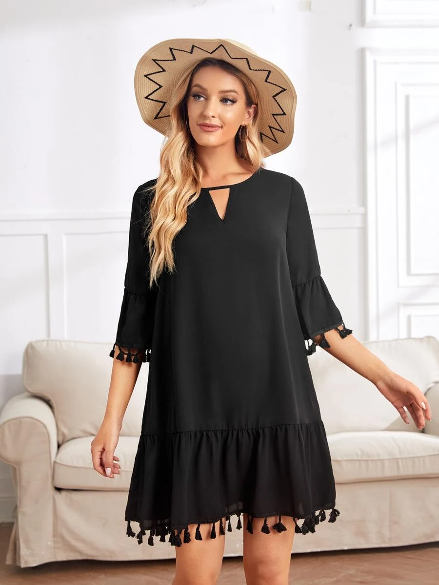 Trim Flounce Sleeve Ruffle Hem Dress