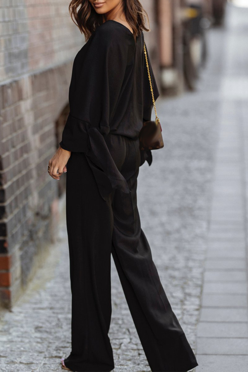 Fashion Solid Patchwork V Neck Long Sleeve Two Pieces