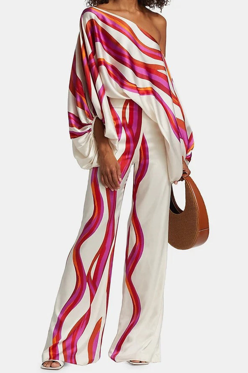 Casual Elegant Print Patchwork Off the Shoulder Long Sleeve Two Pieces(12 Colors)