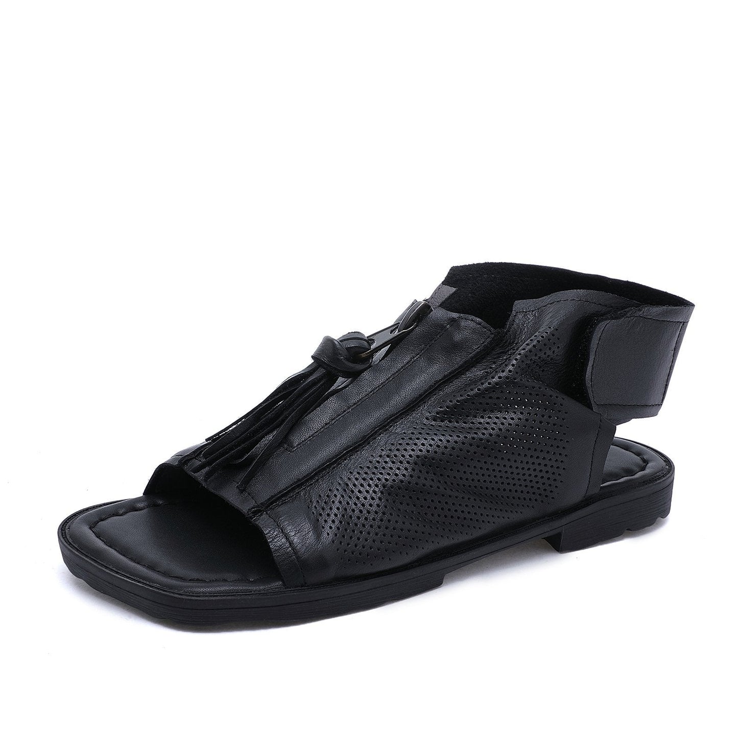 Leather Gladiator Sandals Peep Toe Retro Handmade Sandals Boots Black/Brown