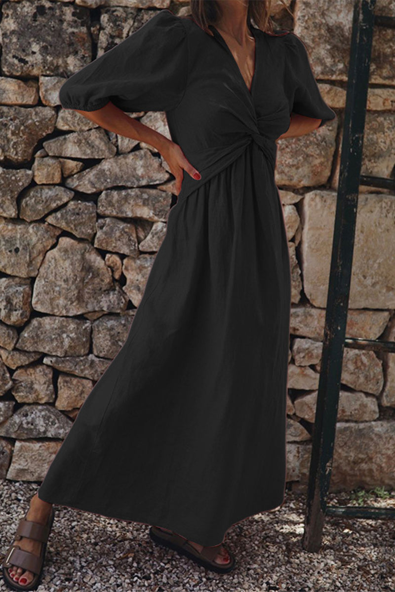Casual Simplicity Solid V Neck Short Sleeve Dress Dresses(3 Colors)