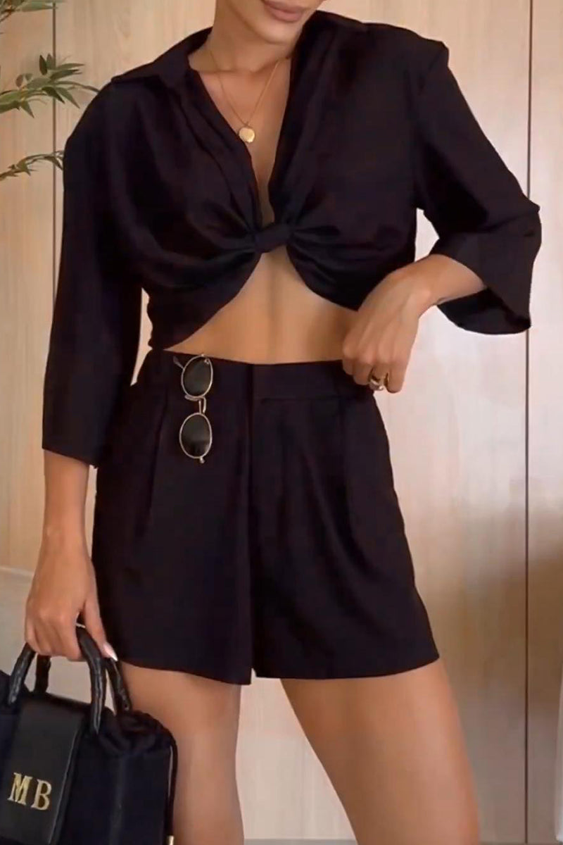 Casual Simplicity Solid Frenulum Turndown Collar Three Quarter Two Pieces(3 Colors)