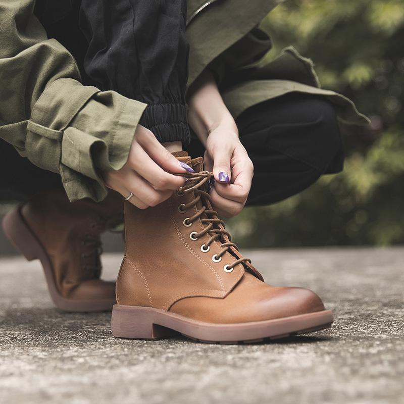 Waxing Leather Combat Boots Lace Up Snow Boots Black/Coffee