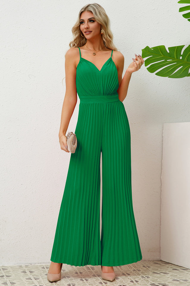 V Neck Pleated Jumpsuit