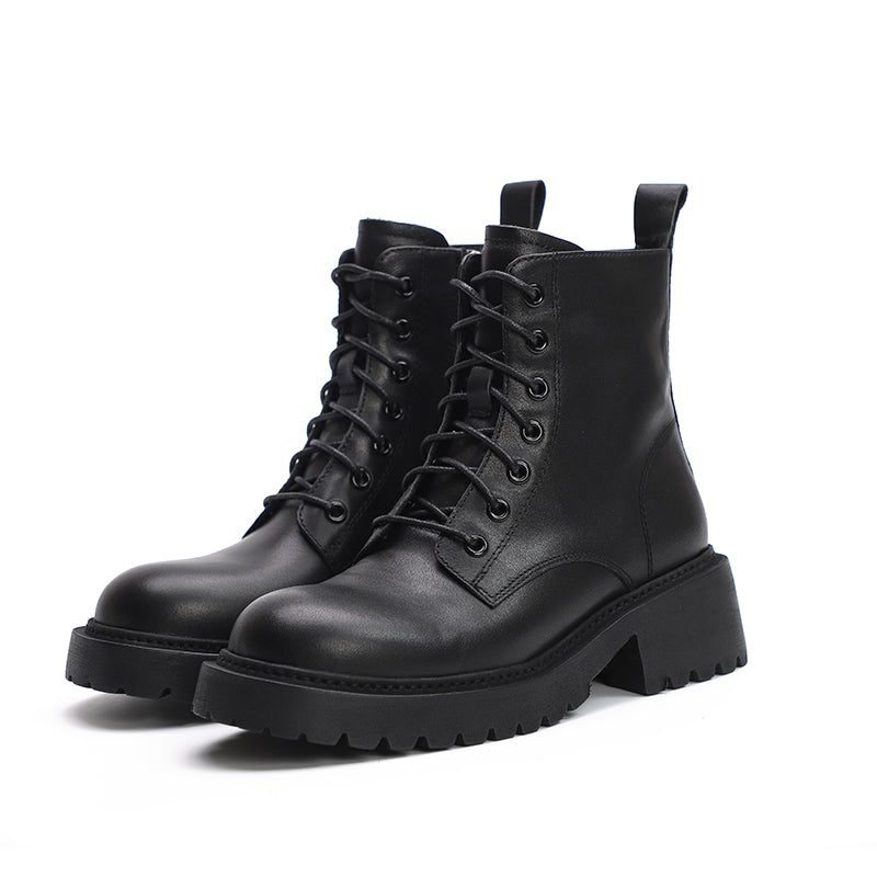 Winter Boots Handmade Genuine Leather Lace-Up Combat Boots Retro Chunky Platform Black