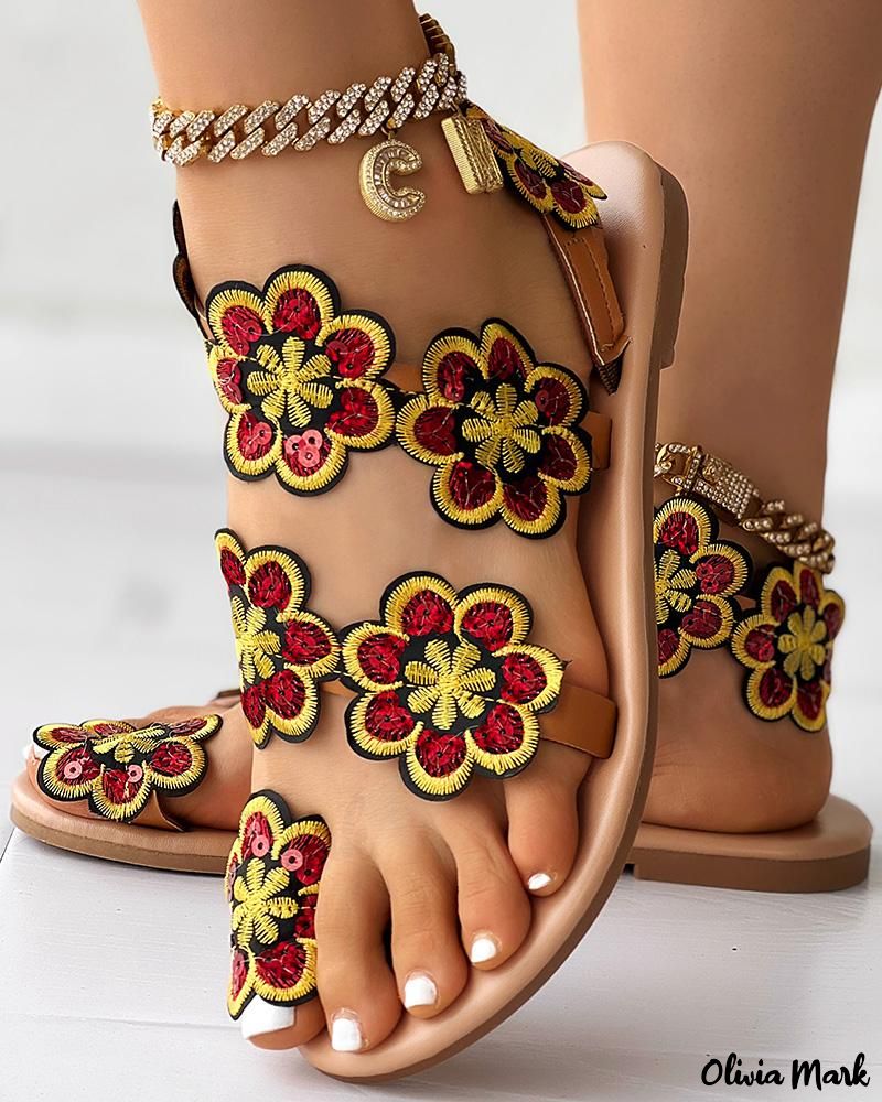 Floral Pattern Toe-Ring Flat Sandals