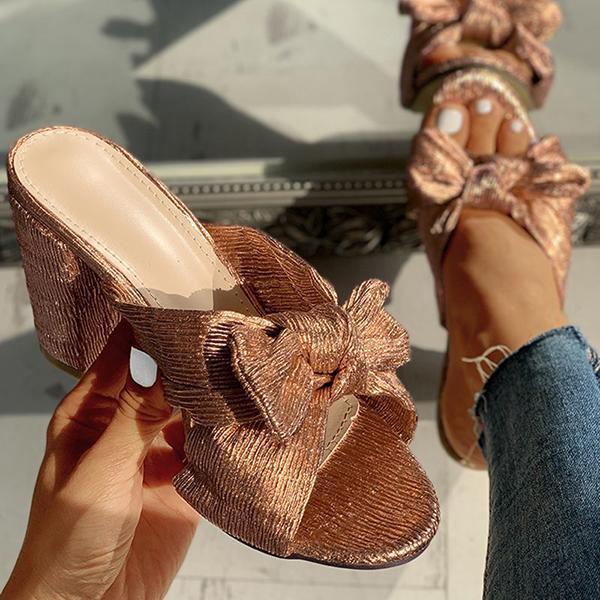 Peep Toe Bowknot Design Chunky Heeled Slippers