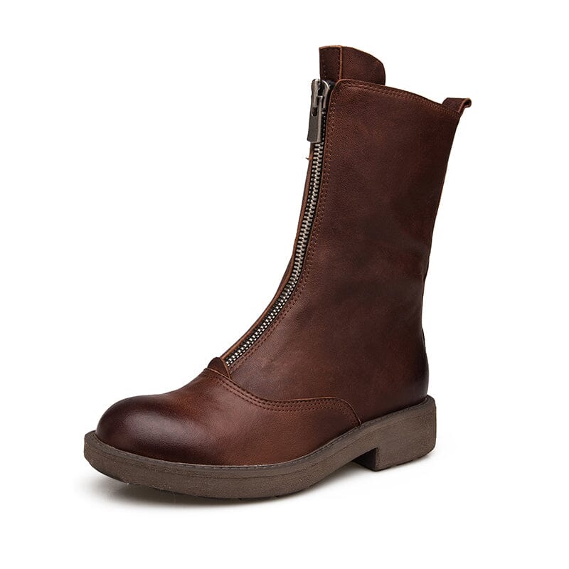 Comfortable Leather Ankle Boots Walking Round Boots Up Zip in Brown/Black