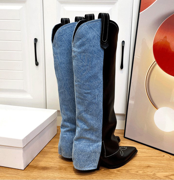 Wide-Shaft Wedge Leather Boots Riding Boots for Women In Black/Blue - Foldover Leather Tall Boots