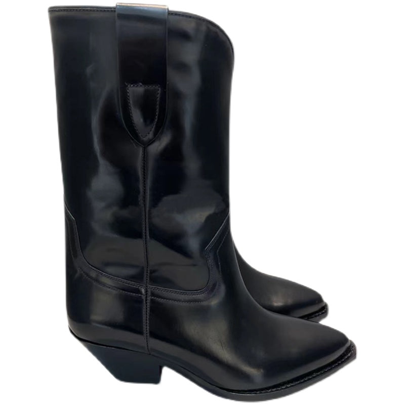 Womens Western Boots Mid Calf Black Leather Cowgirl Boots