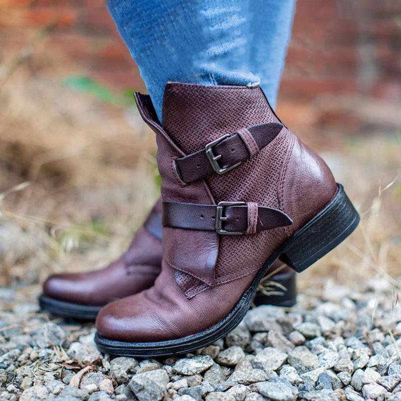 Women's Trendy Vintage Leather Booties With Buckle