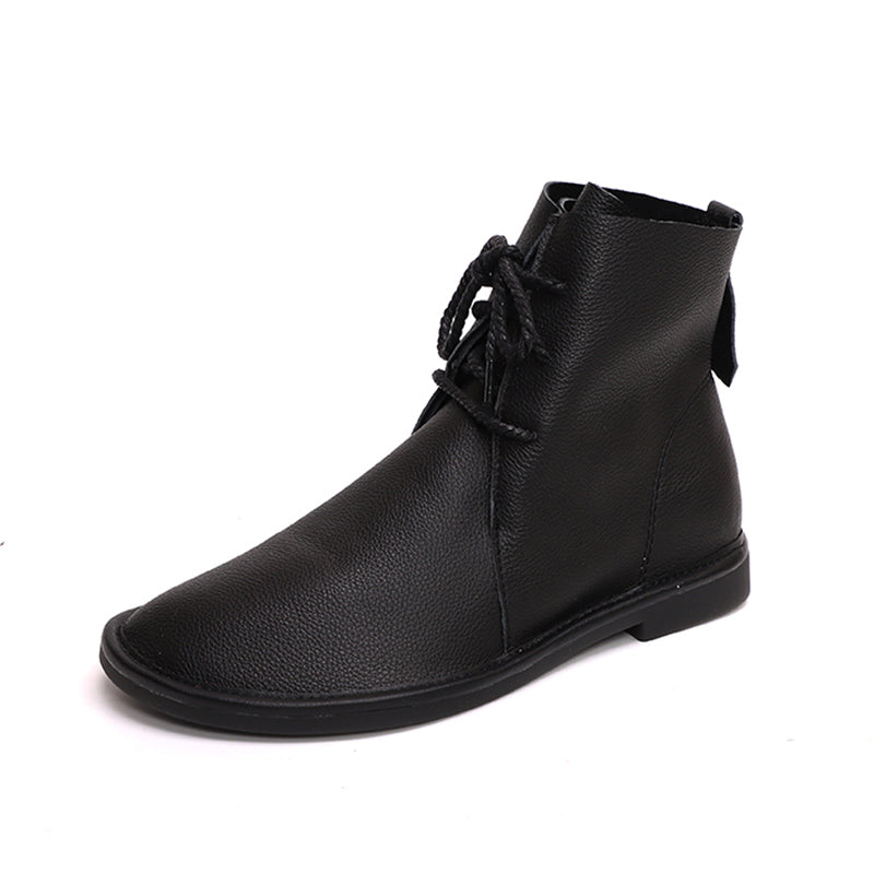 Handmade Women's Leather Booties Round Toe Lace-Up Flat Ankle Boots Brown/Black/Coffee
