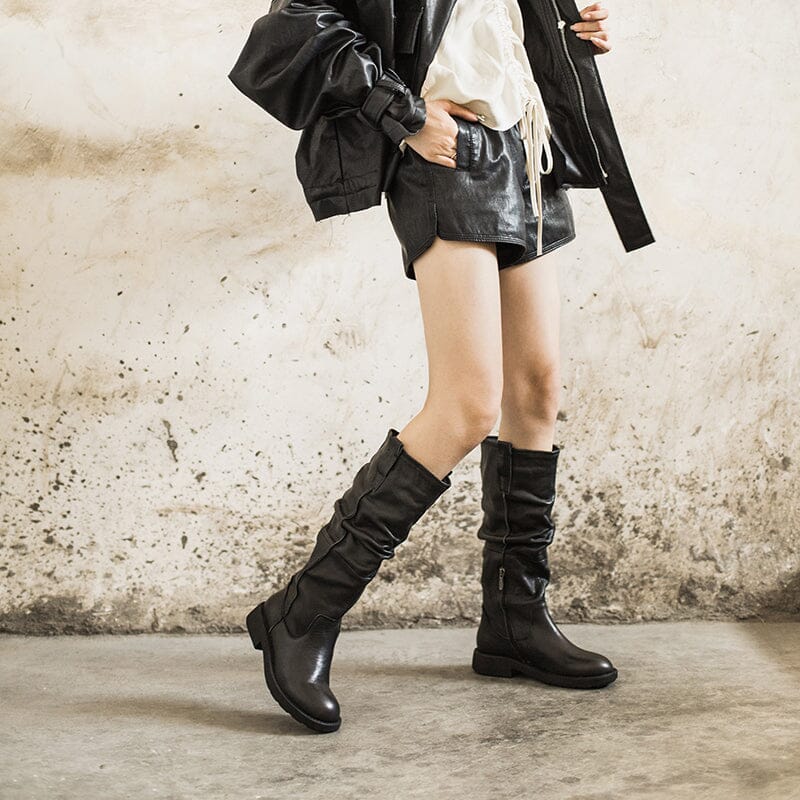 Waxing Leather Knee High Boots Fold Design Riding Boots Buckle Boots in Black/Brown