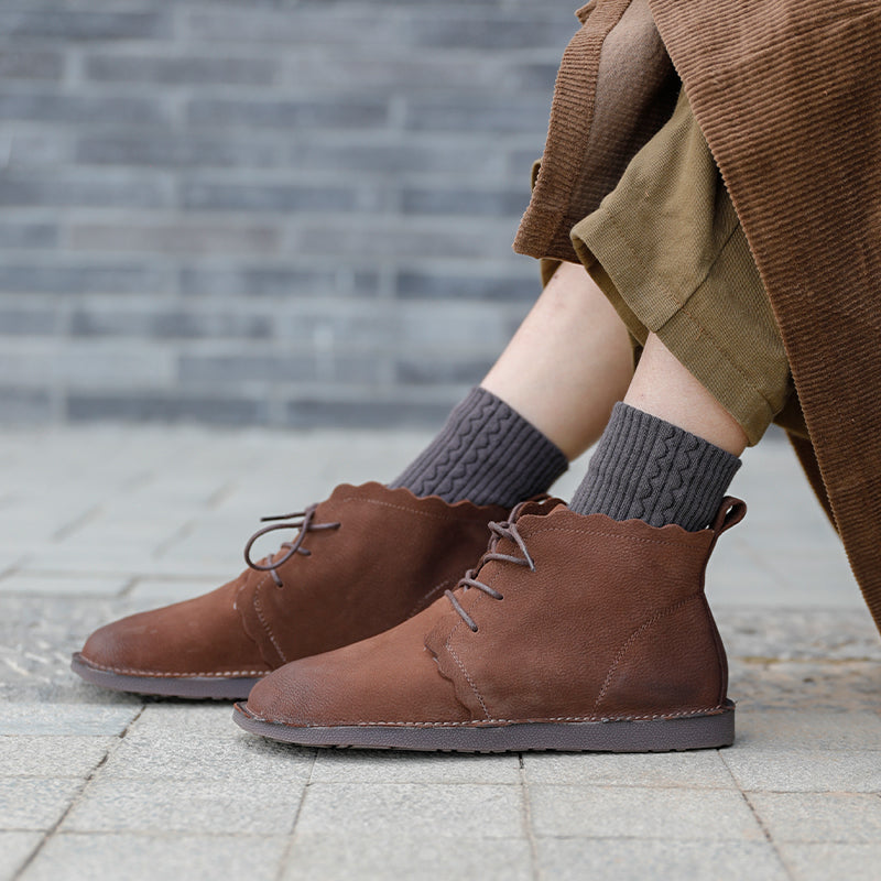 Women's Leather Booties Round Toe Lace-Up Flat Ankle Boots Handmade in Brown/Coffee