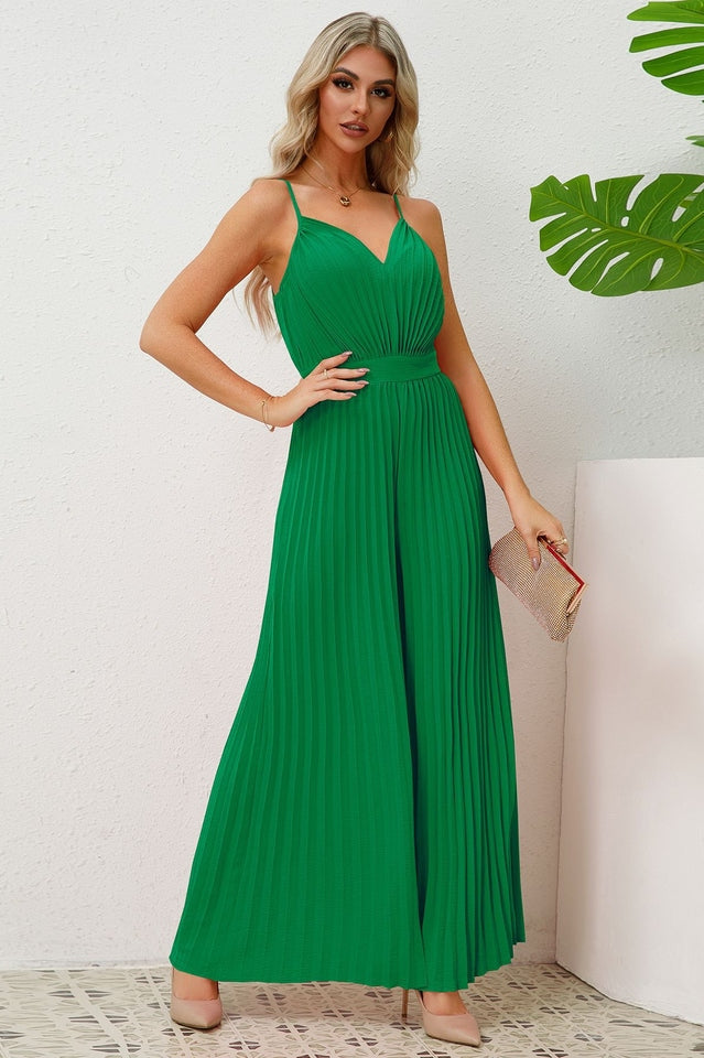 V Neck Pleated Jumpsuit