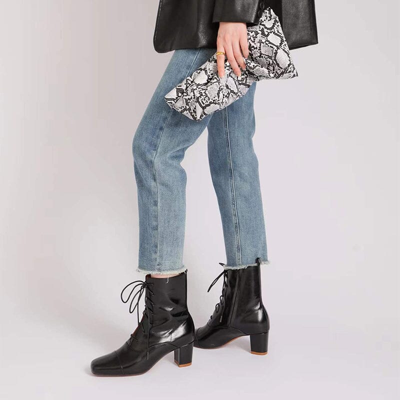 Lace-up Leather Ankle Boots Nude Slimming Boots Elegant Glove-Like Retro Boots Block Heel