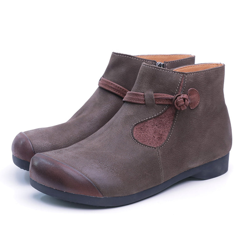 Women Calf Leather Ankle Boots Round Toe Flat Lace-Up Boots White/Brown/Coffee