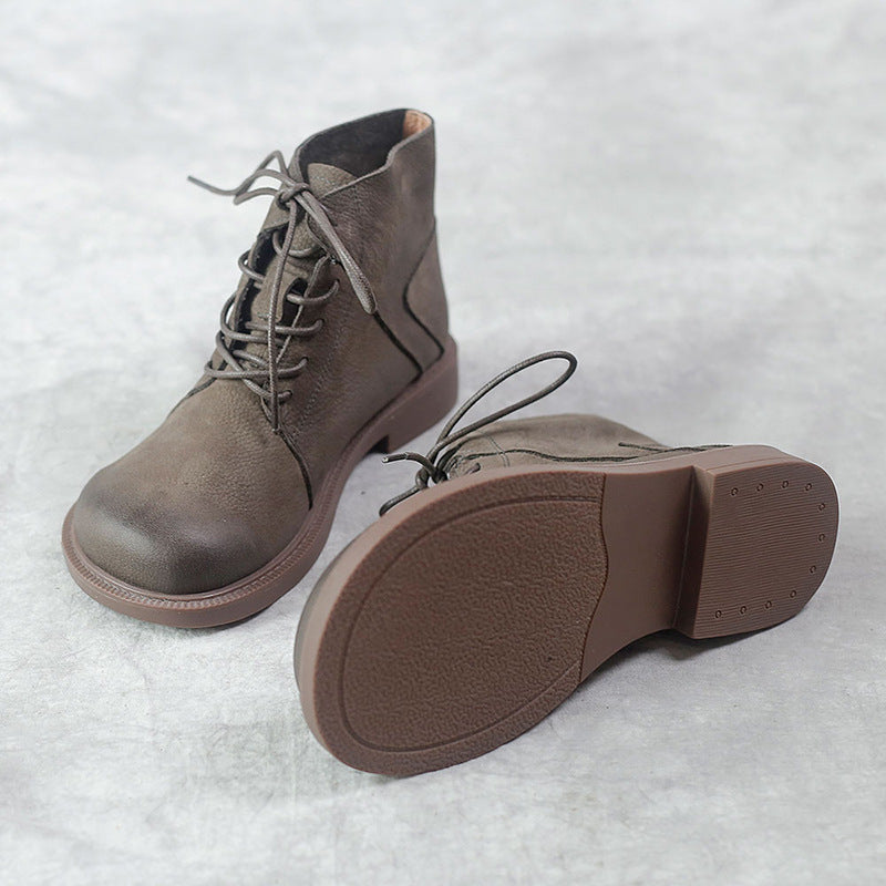 Wide Toes Handmade Genuine Leather Boots Lace-Up Combat Boots Retro Chunky Ankle Boots