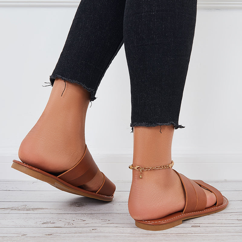 Wide Flat Slippers Round Open Toe Loop Slide Sandals