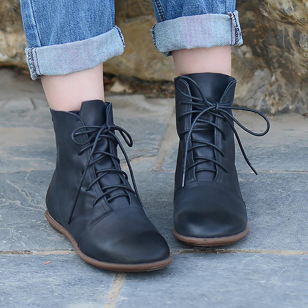 Oxfords For Women Lace Up Flat Sole Ankle Boots Handmade Waxing Leather Boots Black/Brown