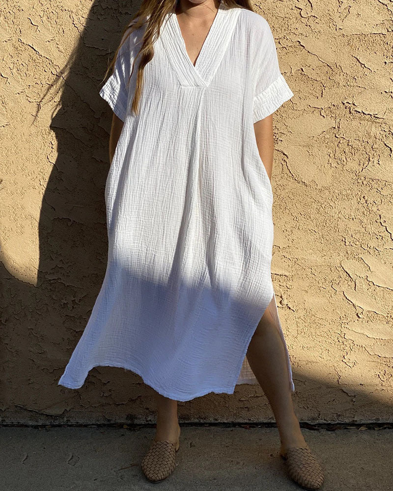 V-neck short sleeves slit dress