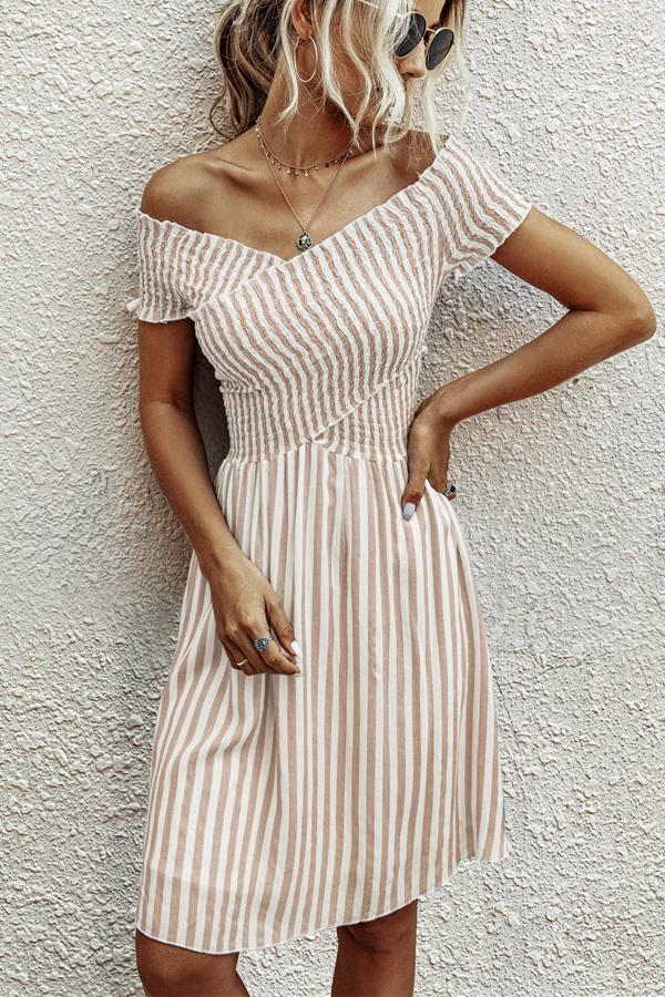 Smocked Chest Short Sleeve Stripe Dress