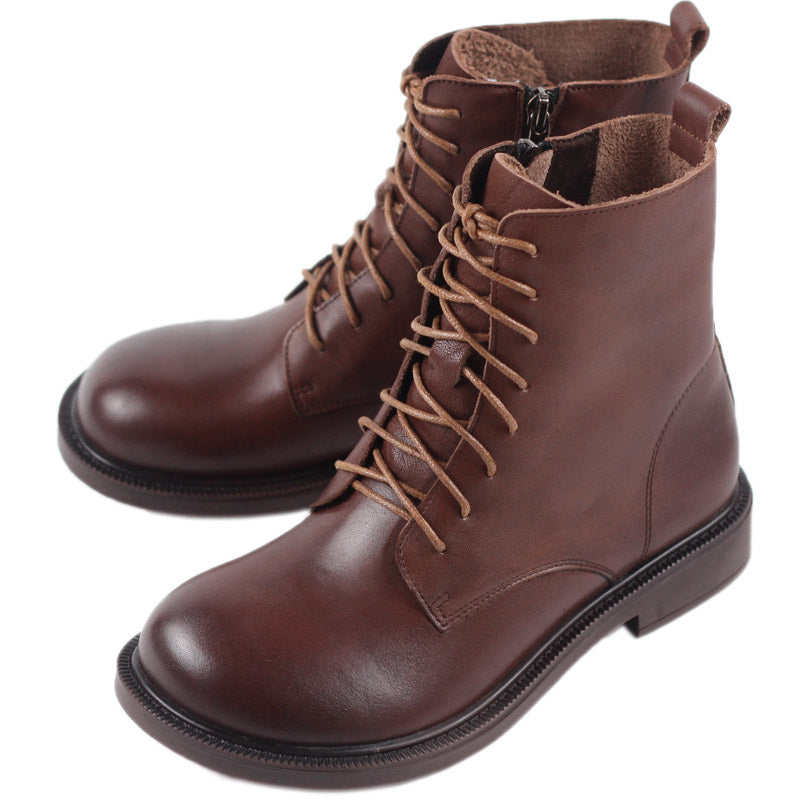 Women Leather Ankle Boots Soft Bottom Flat Round Toe Big-Head Retro Boots Coffee/Black