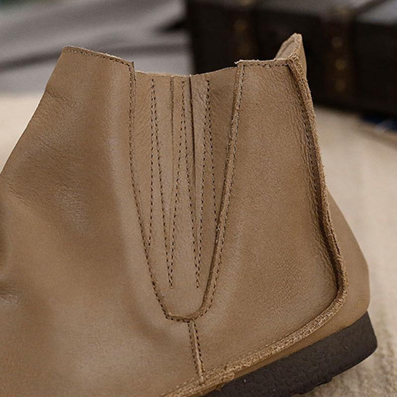 Retro Genuine Leather Soft Flat Boots For Women Round Toe Chelsea Boots Wide Fit Apricot Coffee