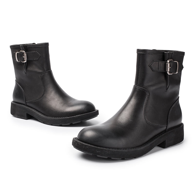 Handmade Leather Short Boots Chunky Buckle Boots in Black
