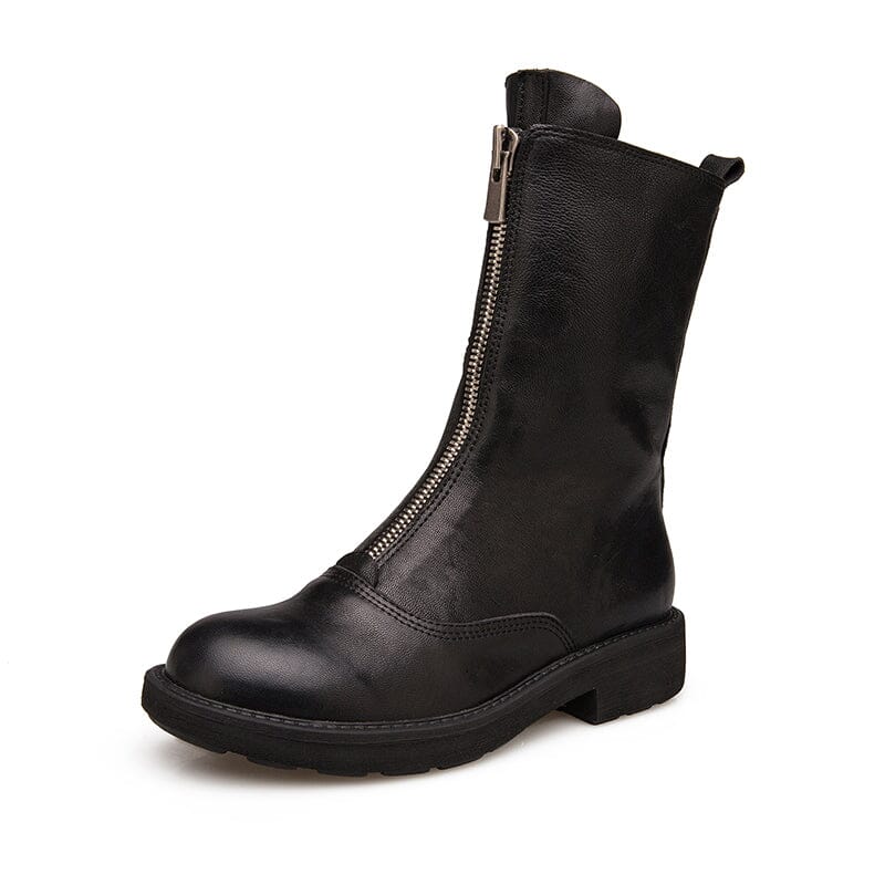 Comfortable Leather Ankle Boots Walking Round Boots Up Zip in Brown/Black