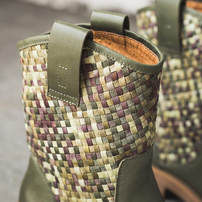 Woven Leather Boots Mid Calf Color Blocking Design Cowgirl Boots In Green/Apricot/Red/Black