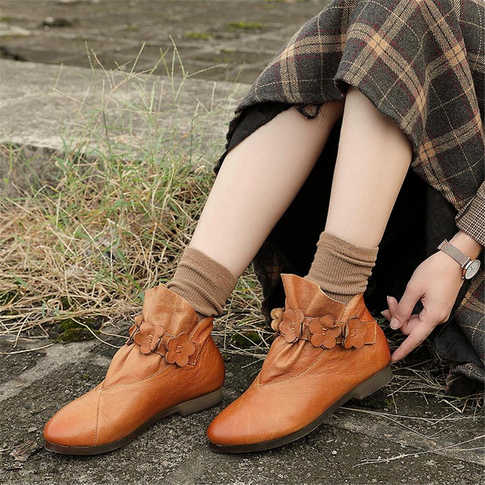 Leather Work Combat Boots Handmade Women Boots With Flowers Chelsea Boots Oil-Wax