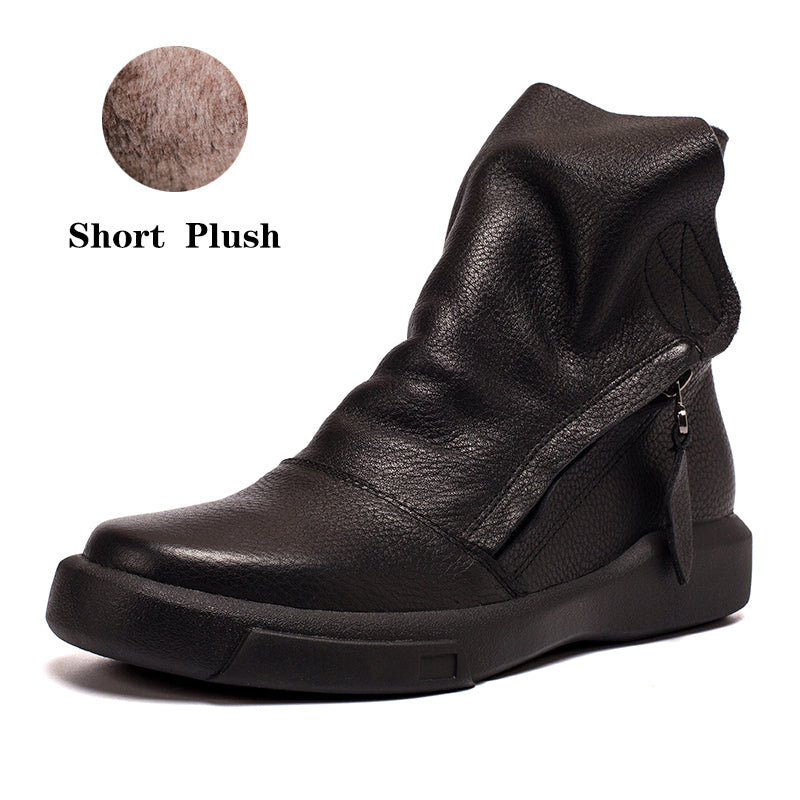 Soft Cowhide Leather Zip Boots Retro Women Chunky Ankle Boots Black/Coffee/khaki