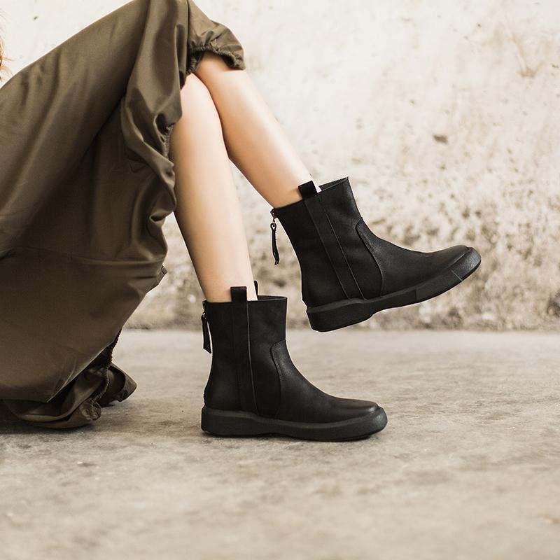 Waxing Leather Chelsea Boots Handmade British Boots Back Zip Black/Coffee/Black Short Plush/Coffee Short Plush
