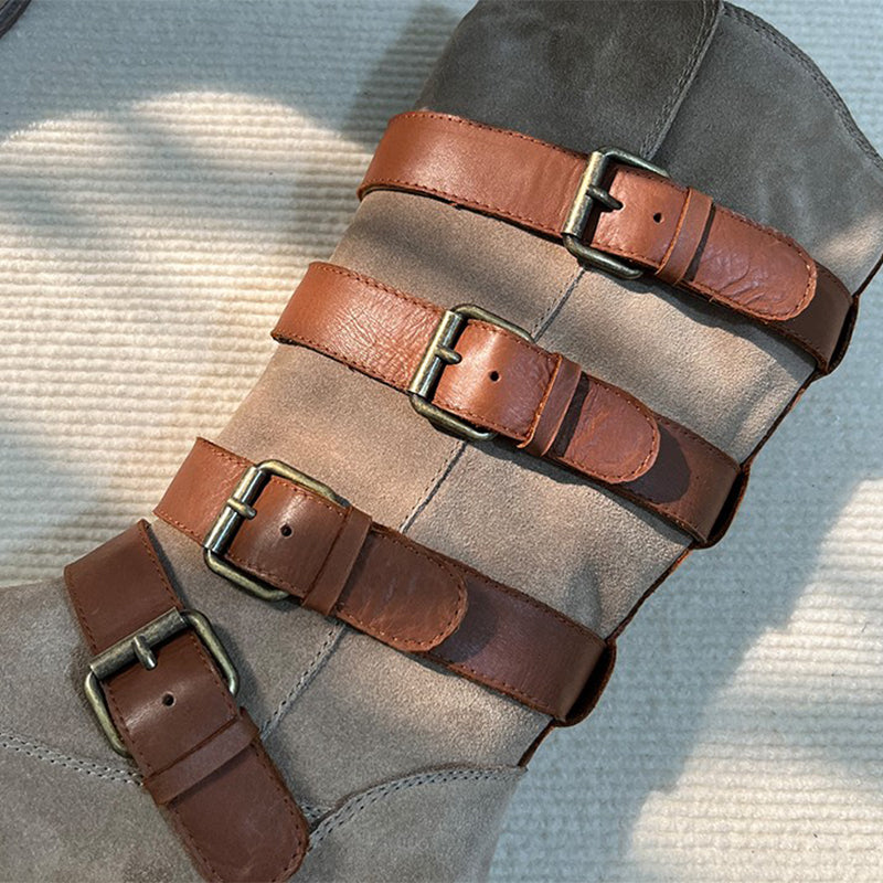Riding Boots For Women Handmade Leather Mid Calf Boots Chunky Buckle Boots in Brown/Black