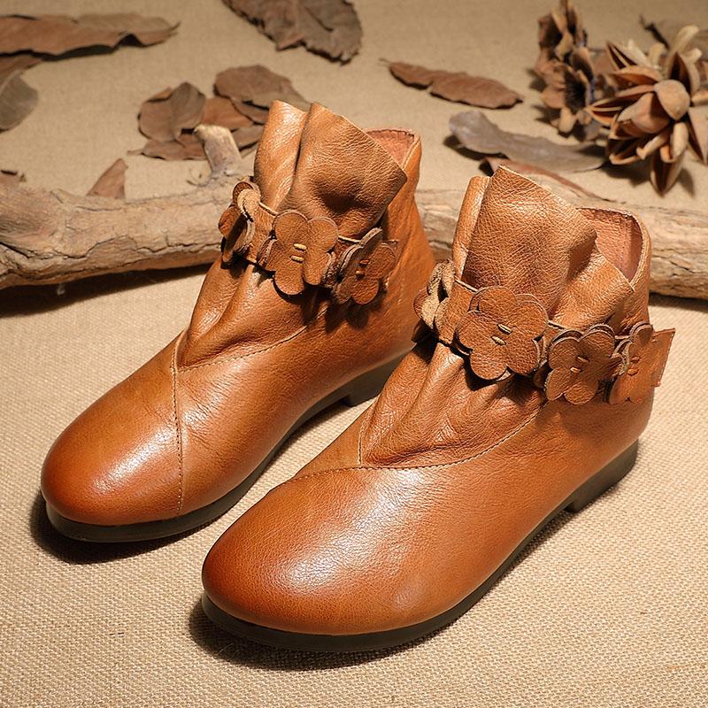 Leather Work Combat Boots Handmade Women Boots With Flowers Chelsea Boots Oil-Wax