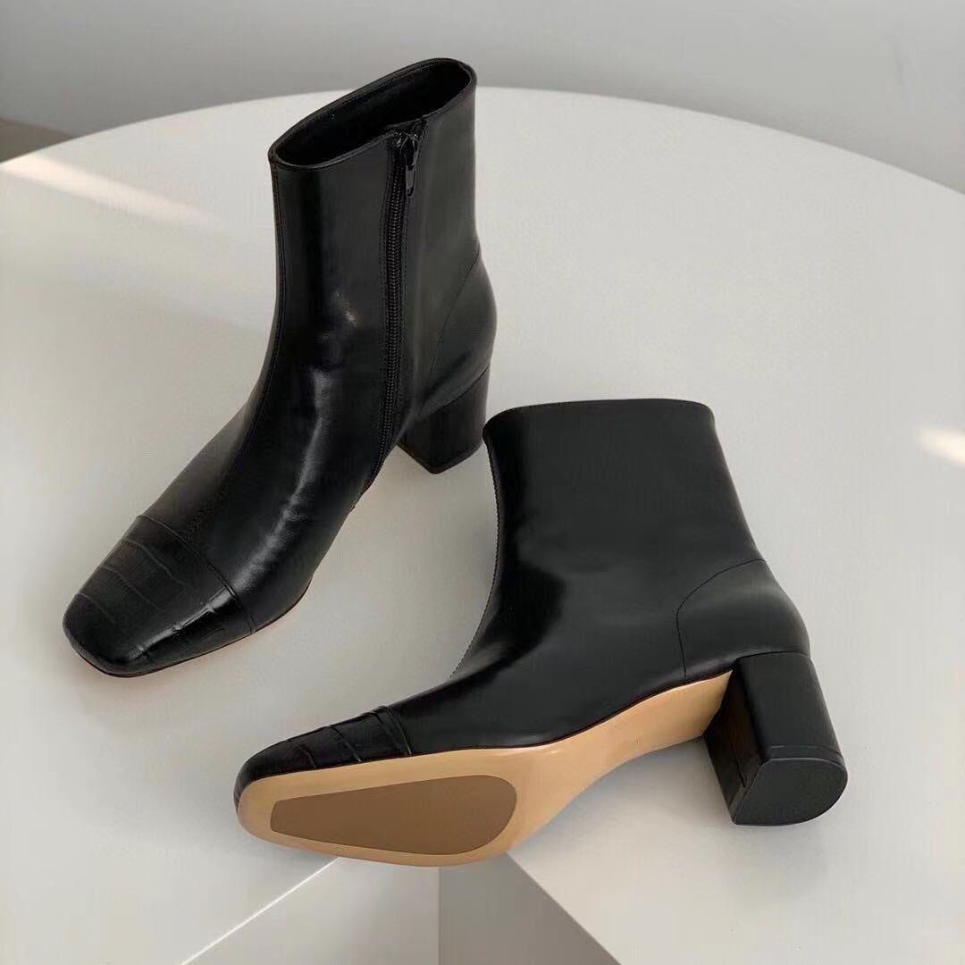 Classic Elegant Ankle Boots Mid Heel Sheepskin Elastic Boots Black